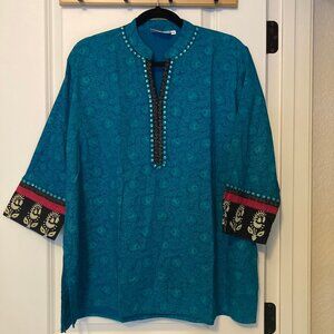 Westside Tunic Top Floral Print Beaded Neckline Casual‎ Blouse Teal XXL